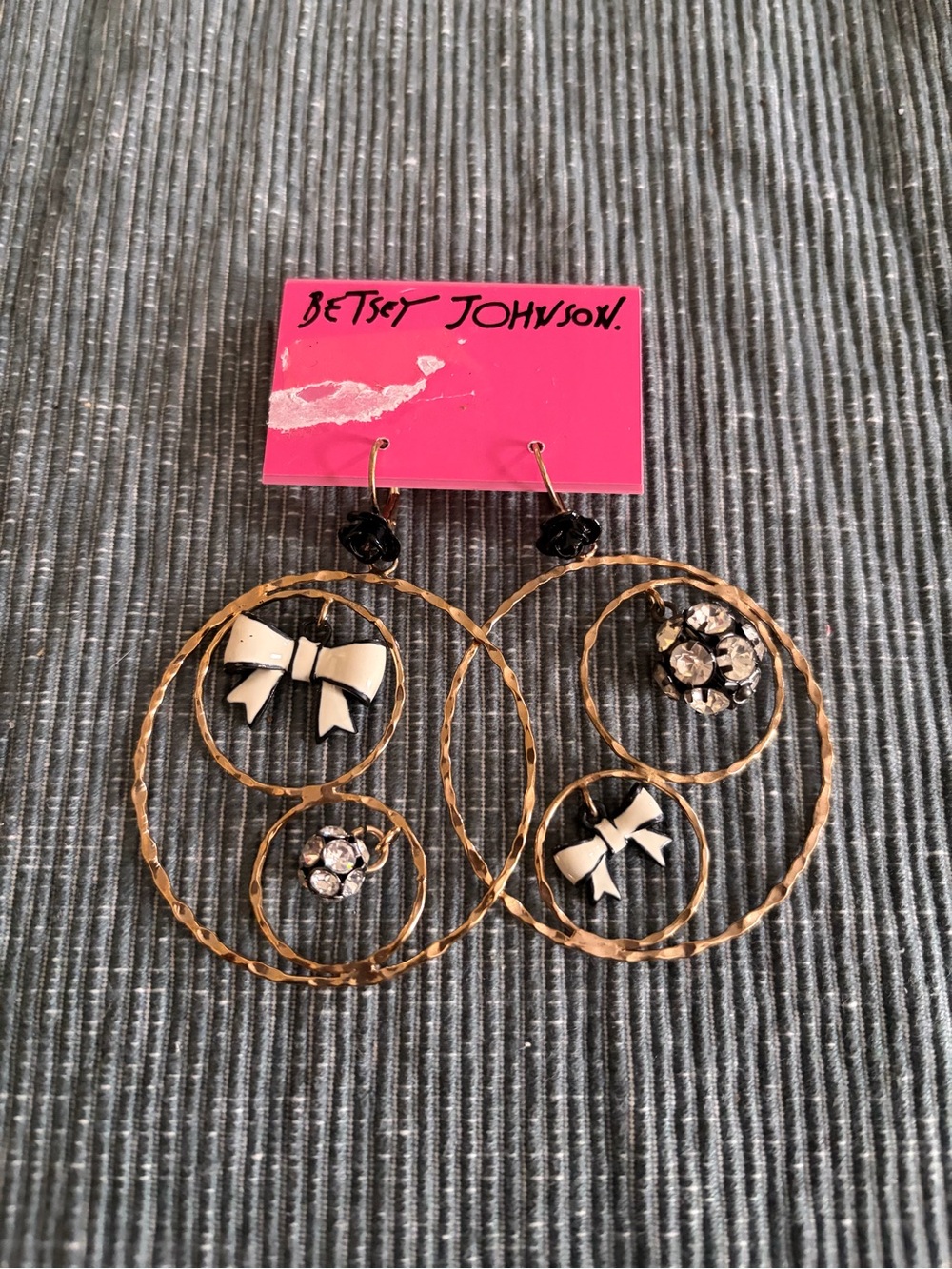 Betsey Johnson Gold Hoop Earrings with Black & White Bow Accents